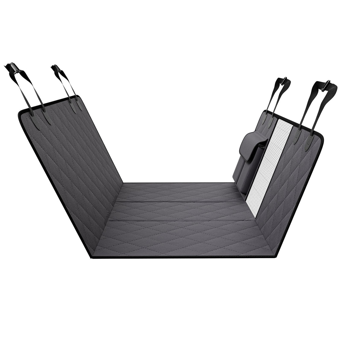 Backseat Hammock seat cover with hard base, shown from the side