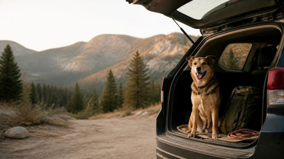 A dog sitting in the open back of an SUV at a mountain trailhead