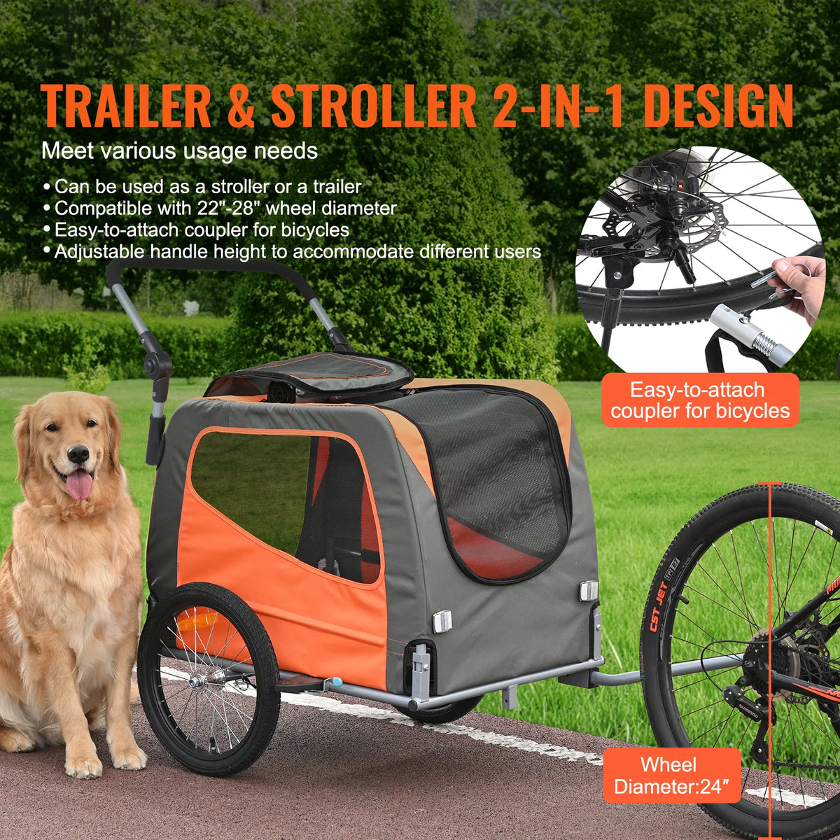 Tagalong trailer hitched to a bike, with a dog beside it
