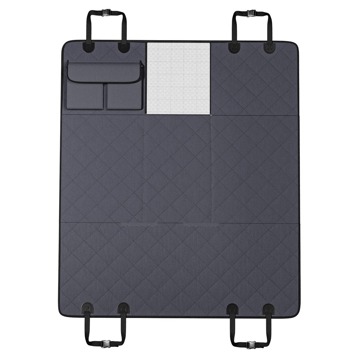 Backseat Hammock seat cover laid flat, showing pockets and mesh window