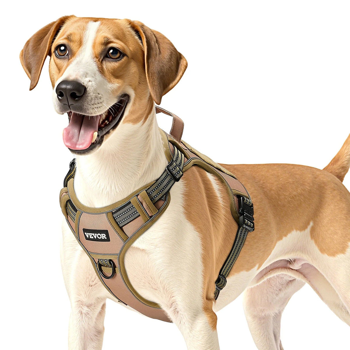 Dog wearing the Basecamp Tactical Harness in khaki