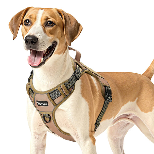 Dog wearing the Basecamp Tactical Harness in khaki