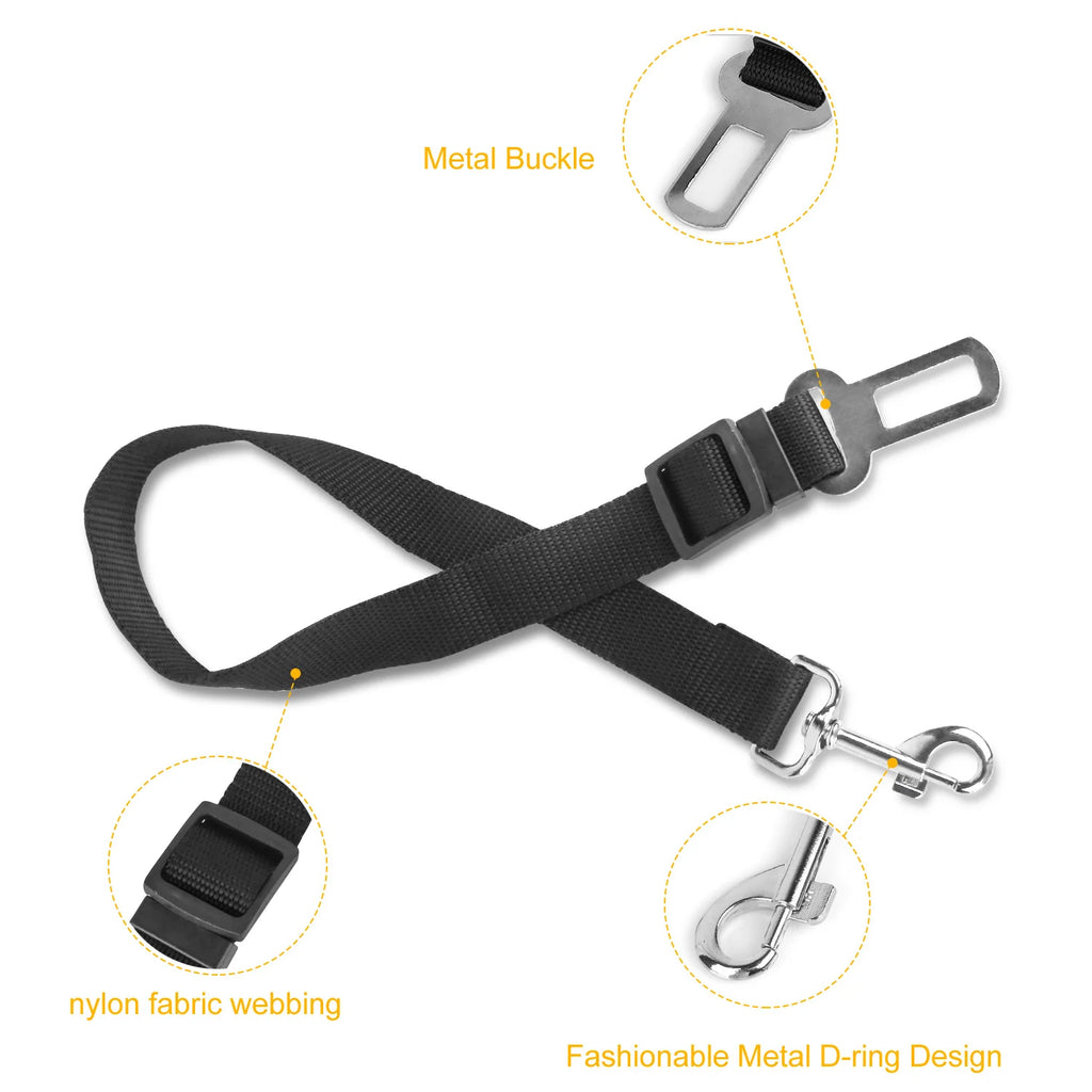 Buckle-In Seat Belt Tether parts: metal buckle tab, nylon webbing and swivel clip