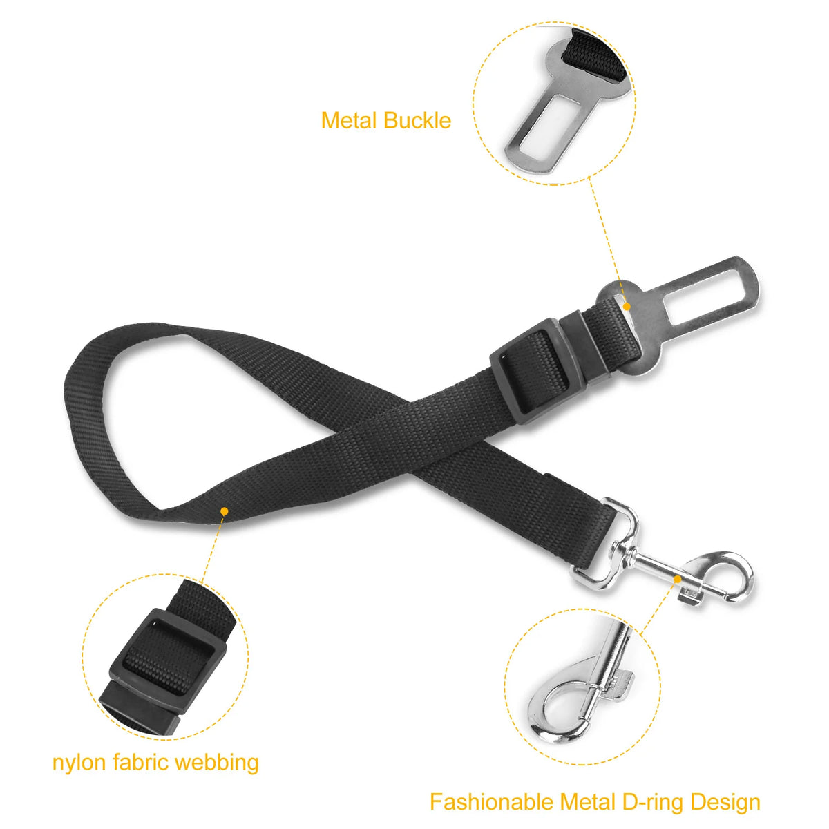 Buckle-In Seat Belt Tether parts: metal buckle tab, nylon webbing and swivel clip