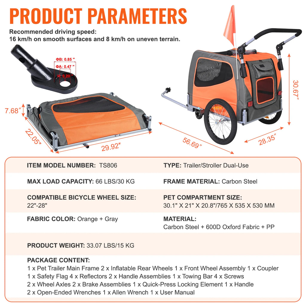 Tagalong trailer specifications: 66 lb max load, fits 22 to 28 in bike wheels