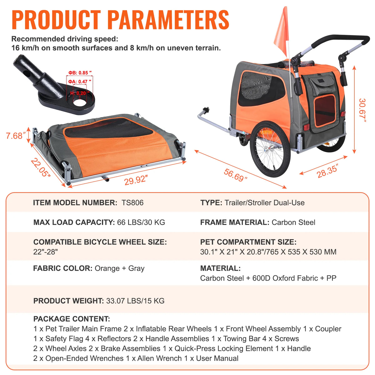 Tagalong trailer specifications: 66 lb max load, fits 22 to 28 in bike wheels