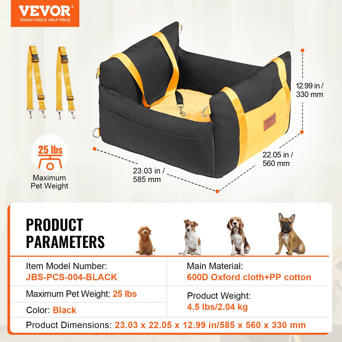 Lookout Booster Car Seat size and specifications: 23 x 22 x 13 in, for dogs up to 25 lb