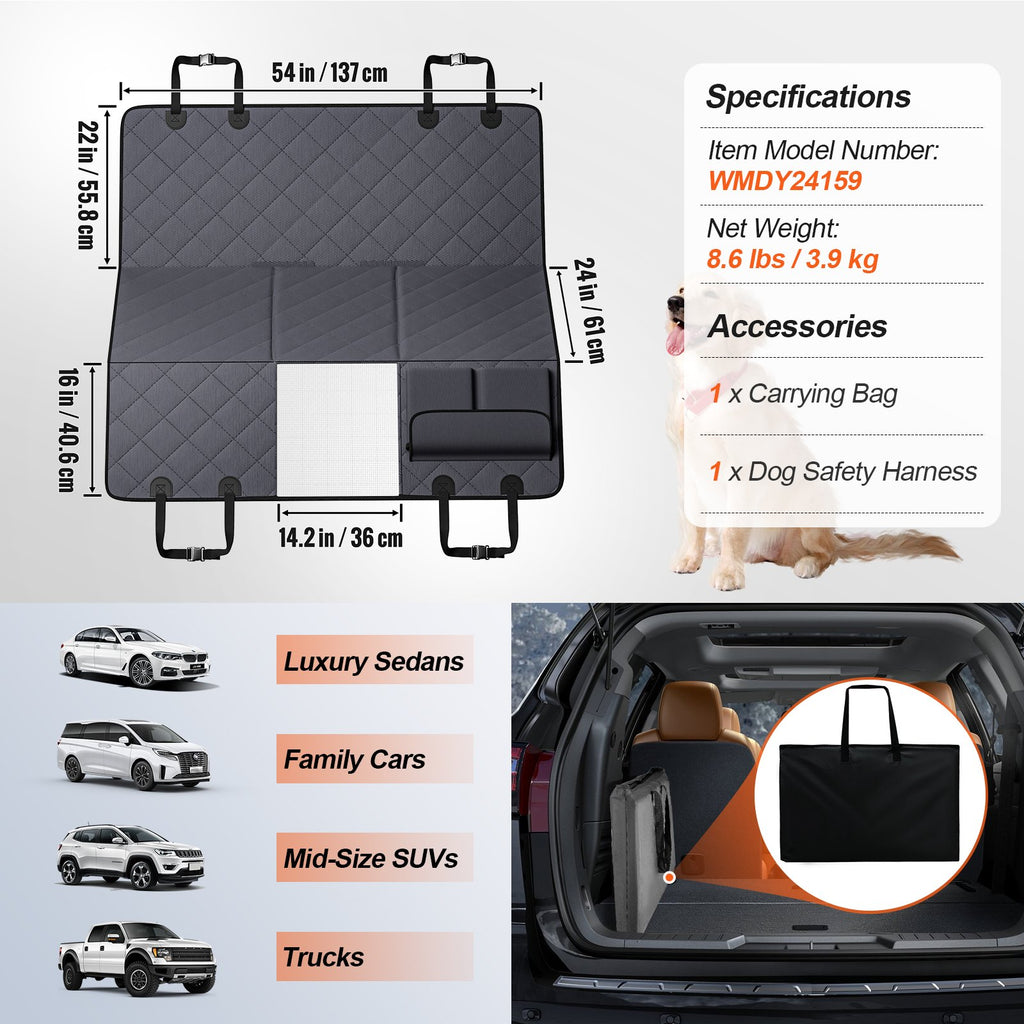 Backseat Hammock dimensions: 54 in wide, 24 in base depth