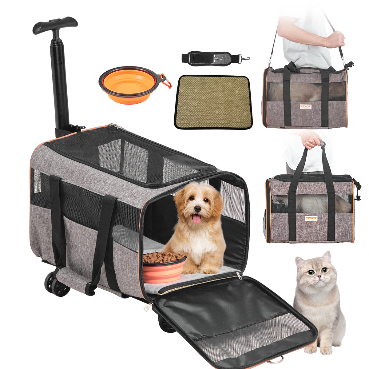 Jetset Rolling Pet Carrier with a dog, a cat and the folding bowl