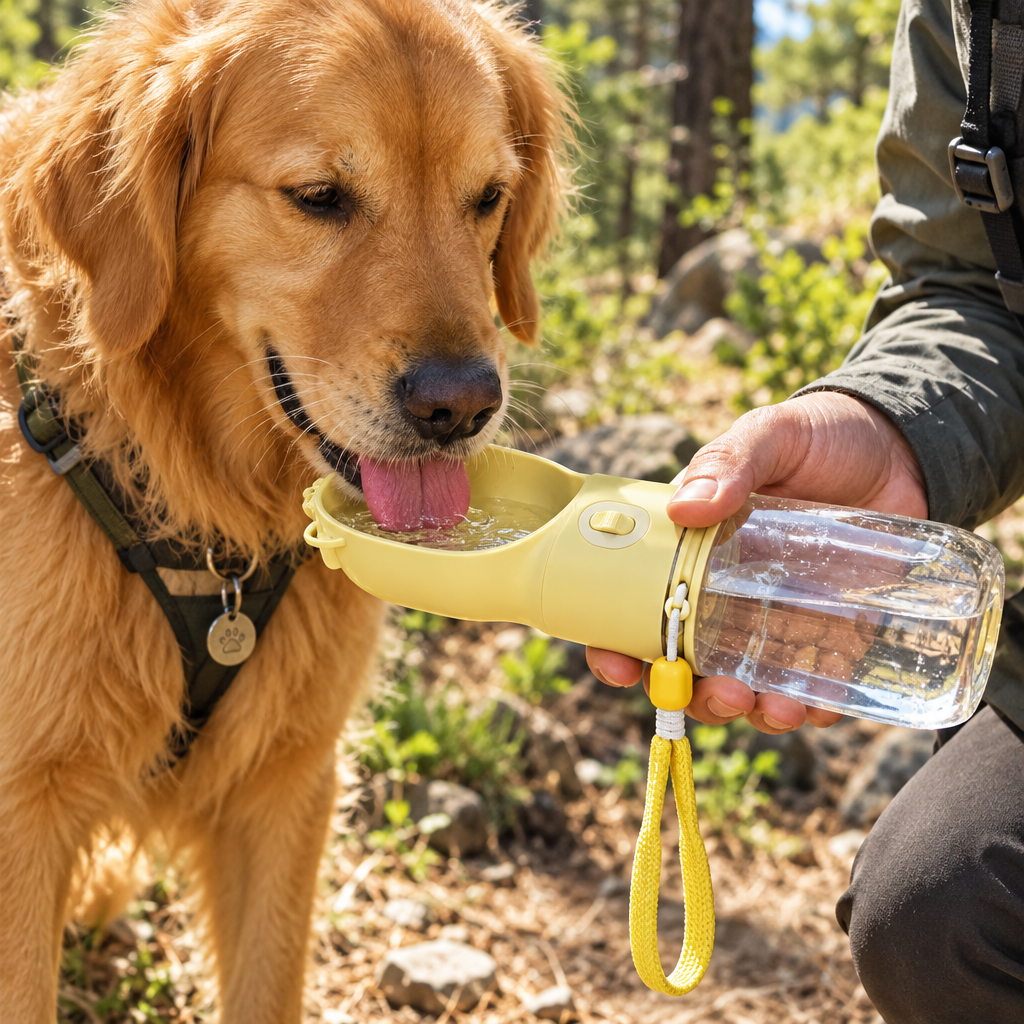 Golden retriever drinking from the Trail Sip dog water bottle on a forest trail